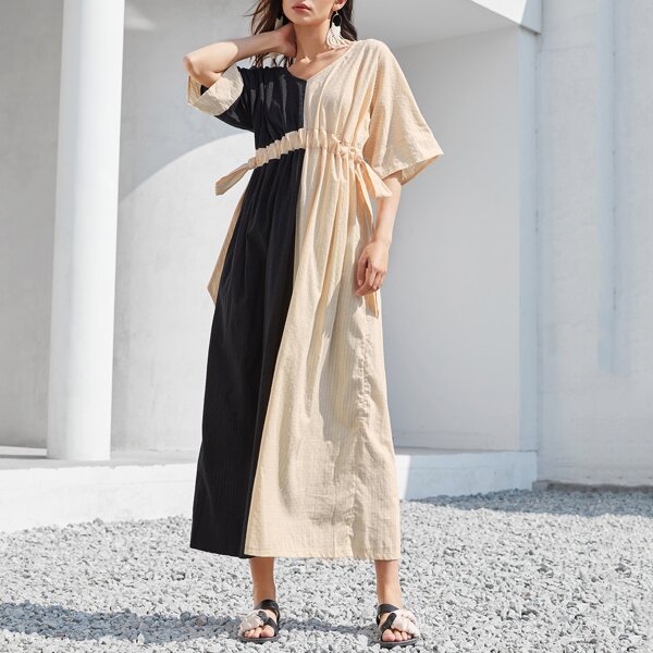 

Batwing Sleeve Drawstring Waist Two Tone Dress, Multicolor