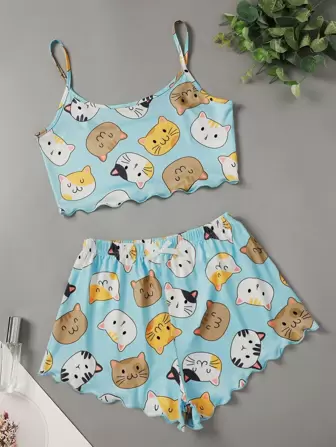 Cartoon Cat Print Lettuce Trim Pajama Set