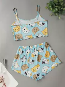 Cartoon Cat Print Lettuce Trim Pajama Set - Multicolor - View 2