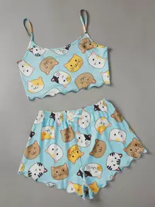 Cartoon Cat Print Lettuce Trim Pajama Set - Multicolor - View 3