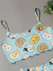 Cartoon Cat Print Lettuce Trim Pajama Set - Multicolor - View 4