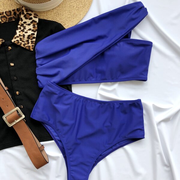 

One Shoulder High Waisted Bikini Swimsuit, Navy blue