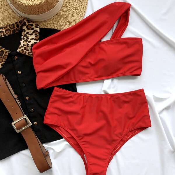 

One Shoulder High Waisted Bikini Swimsuit, Red