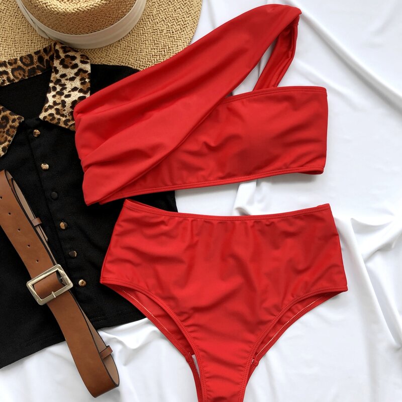 

One Shoulder High Waisted Bikini Swimsuit, Red