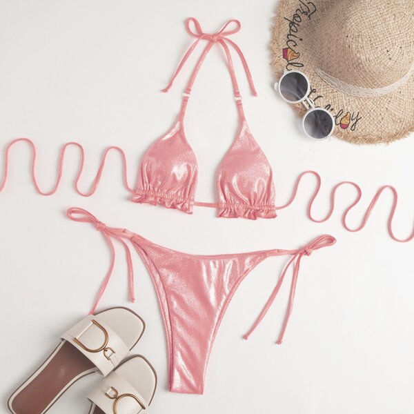 

Ruffle Hem Micro triangle Tie Side Bikini Swimsuit, Baby pink