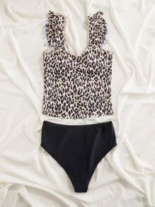 SHEIN Swim Leopard Tankini Set Ruffle Trim Top & High Waisted Bottom 2 Pieces Bathing Suit Summer - Multicolor - View 2