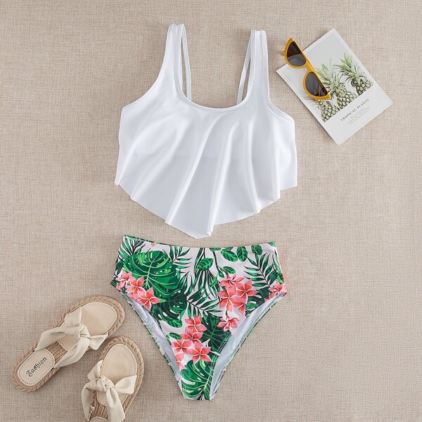 

Floral & Plant Print High Waisted Bikini Swimsuit, Multicolor