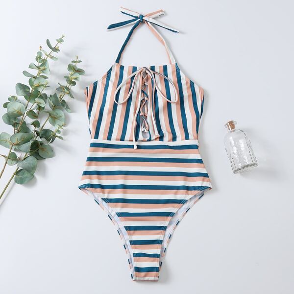 

Striped lace-up Front One Piece Swimsuit, Multicolor