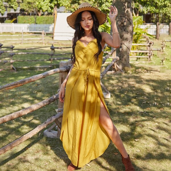 

Solid Split Thigh Cami Jumpsuit, Yellow