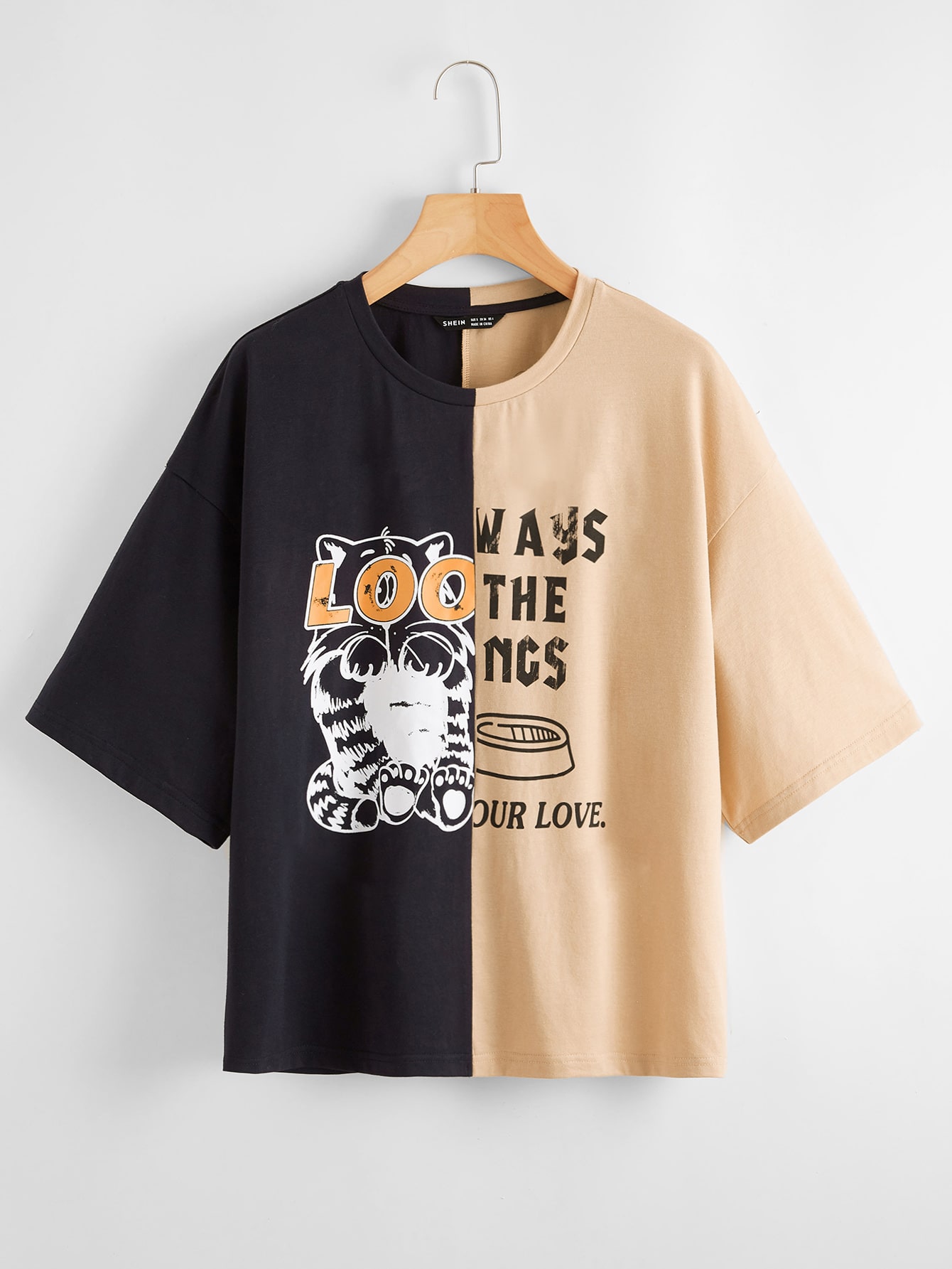 Drop Shoulder Letter and Animal Print Two Tone Top thumbnail