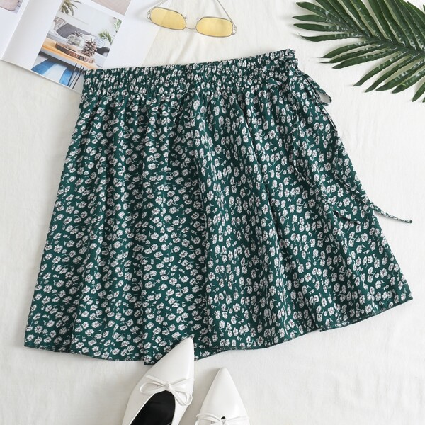 

Ditsy Floral Print Tie Side Skirt, Dark green