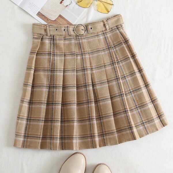 

High Waist Belted Plaid Skirt, Khaki