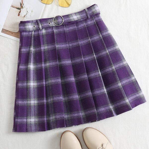 

High Waist Belted Plaid Skirt, Purple
