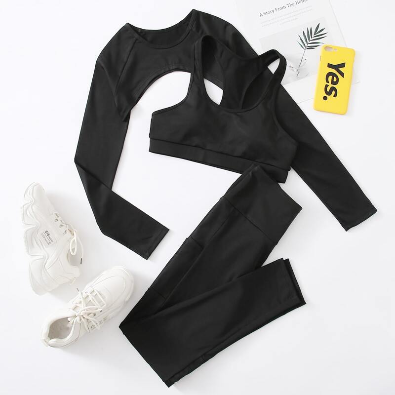 

3pcs Solid Bra & Tee & Leggings Sports Set, Black