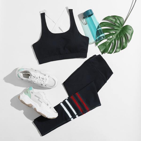 

High Elastic Bra & Striped Leggings Sports Set, Navy blue