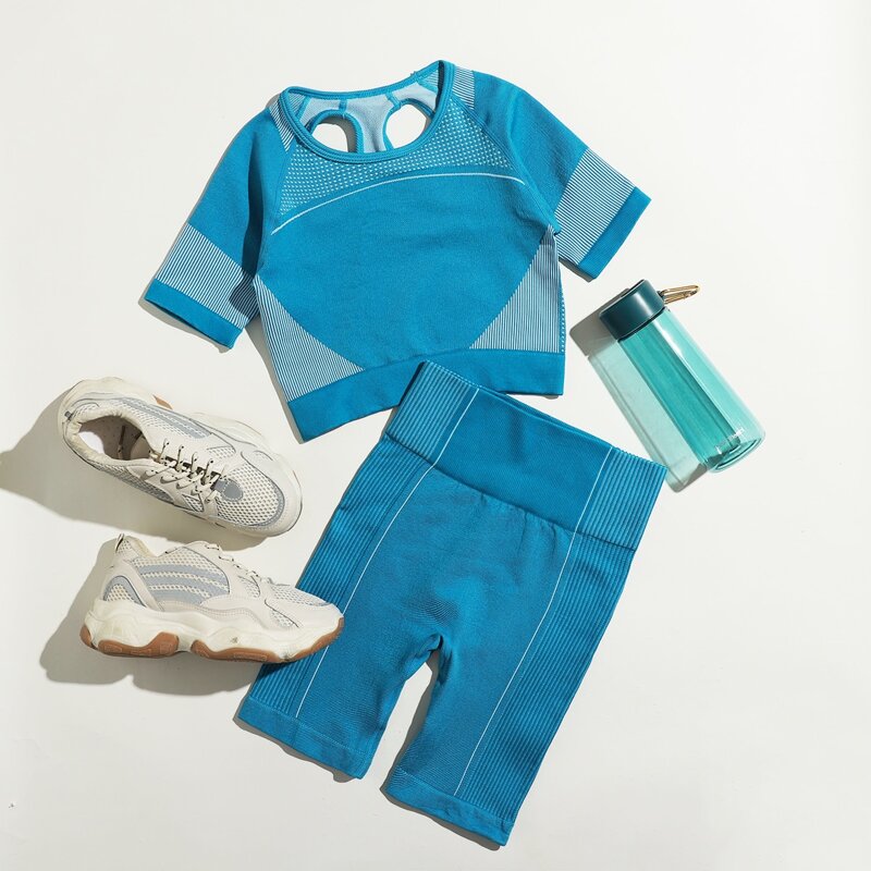 Striped Cut Out Tee & Shorts Sports Set, Blue