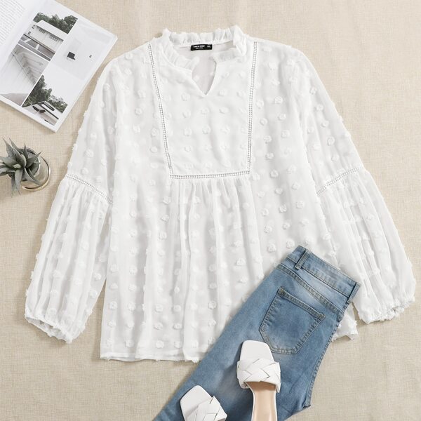 

Plus Frill Trim Notched Neck Flocked Blouse, White
