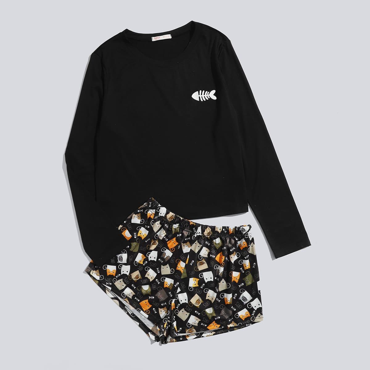 

Cartoon Cat Print Shorts PJ Set, Black