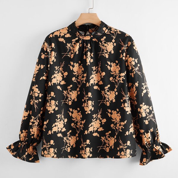 

Plus Flower Print Mock Neck Blouse, Multicolor