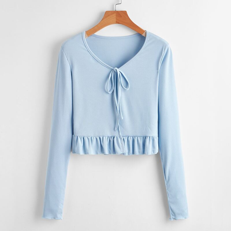 

Frill Hem Tie Front Top, Baby blue