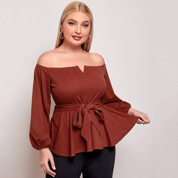 

Plus Off Shoulder V-Cut Front Self Belted Top, Rust brown
