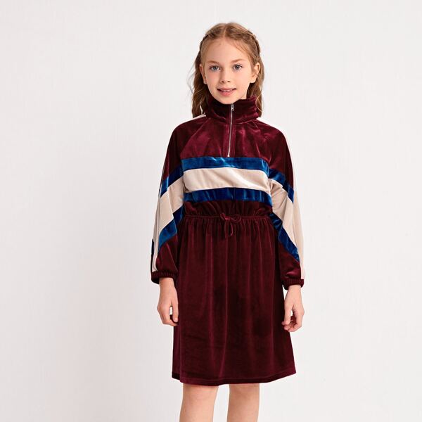 

Girls Knot Front Colorblock Velvet Dress, Burgundy