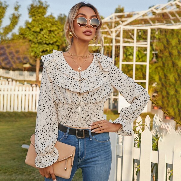 

All Over Print Zip Up Flounce Sleeve Crop Blouse, Beige