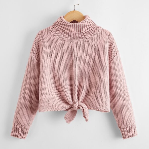 

Girls Funnel Neck Drop Shoulder Knot Hem Sweater, Dusty pink