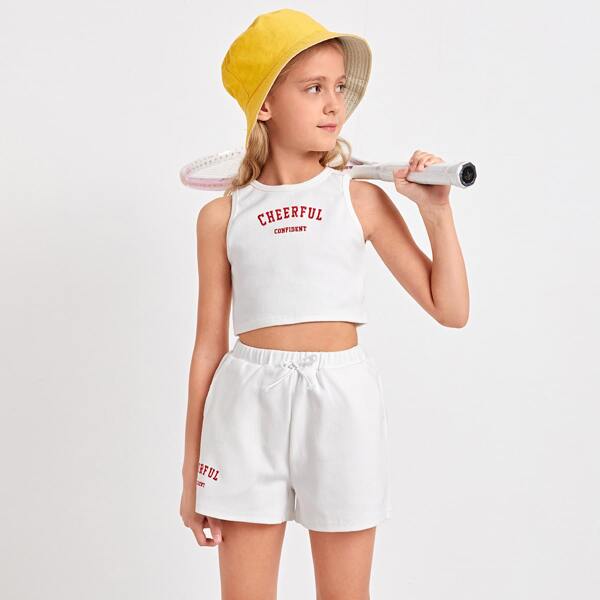 

Girls Embroidery Letter Rib-knit Crop Tank Top & Track Shorts Set, White