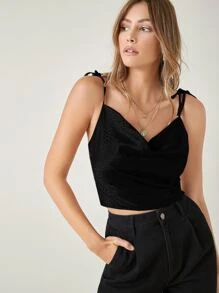 SHEIN BAE Tie Shoulder Draped Front Jacquard Satin Cami Top - Black - View 2