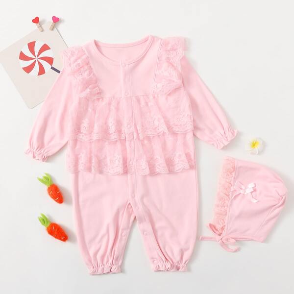 

Baby Girl Contrast Lace Popper Front Jumpsuit With Hat, Baby pink