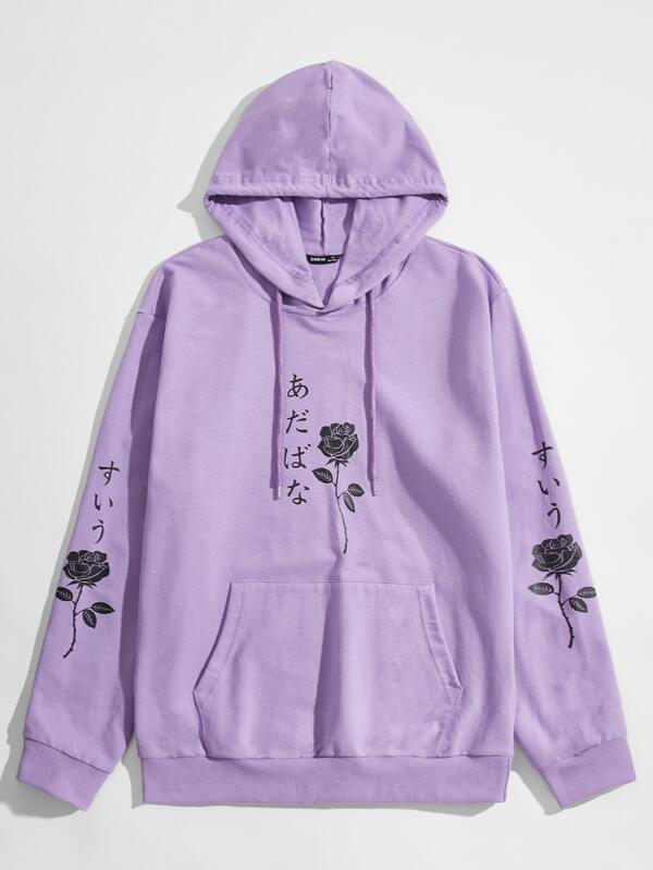 men rose print pocket front hoodie