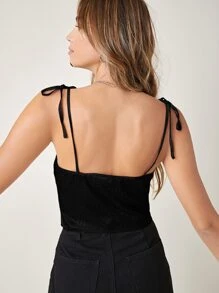 SHEIN BAE Tie Shoulder Draped Front Jacquard Satin Cami Top - Black - View 4