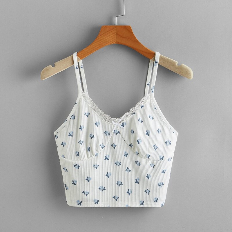 

Ditsy Flower Contrast Lace Ribbed Crop Cami, White