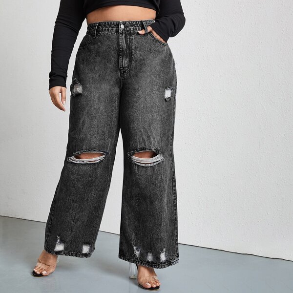 

Plus High Waist Ripped Wide Leg Jeans, Dark grey