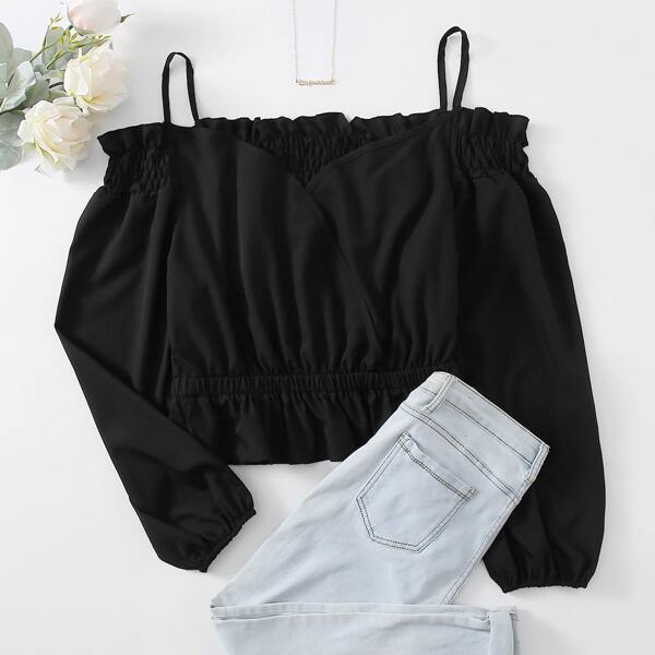 Plus Surplice Front Cold Shoulder Shirred Blouse, Black