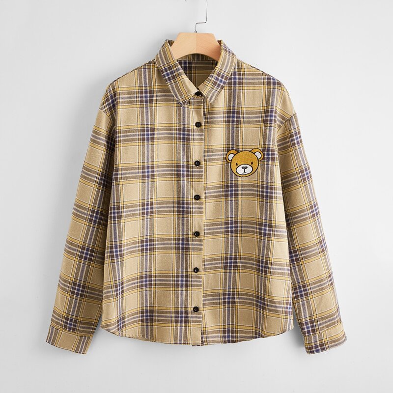

Bear Embroidery Plaid Shirt, Multicolor
