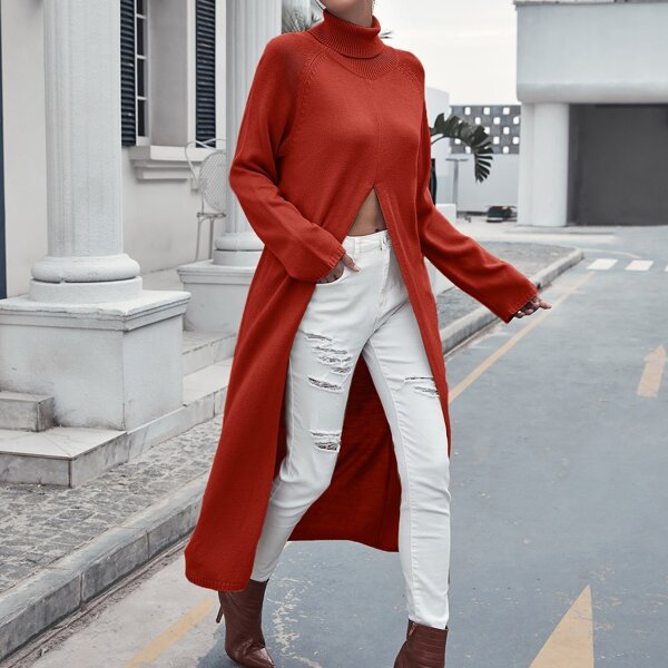 

Raglan Sleeve Split Longline Sweater, Burnt orange