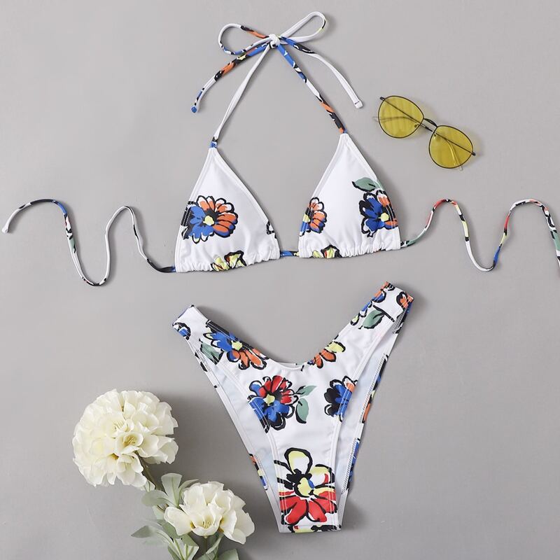 

Floral Halter High Leg Bikini Swimsuit, White
