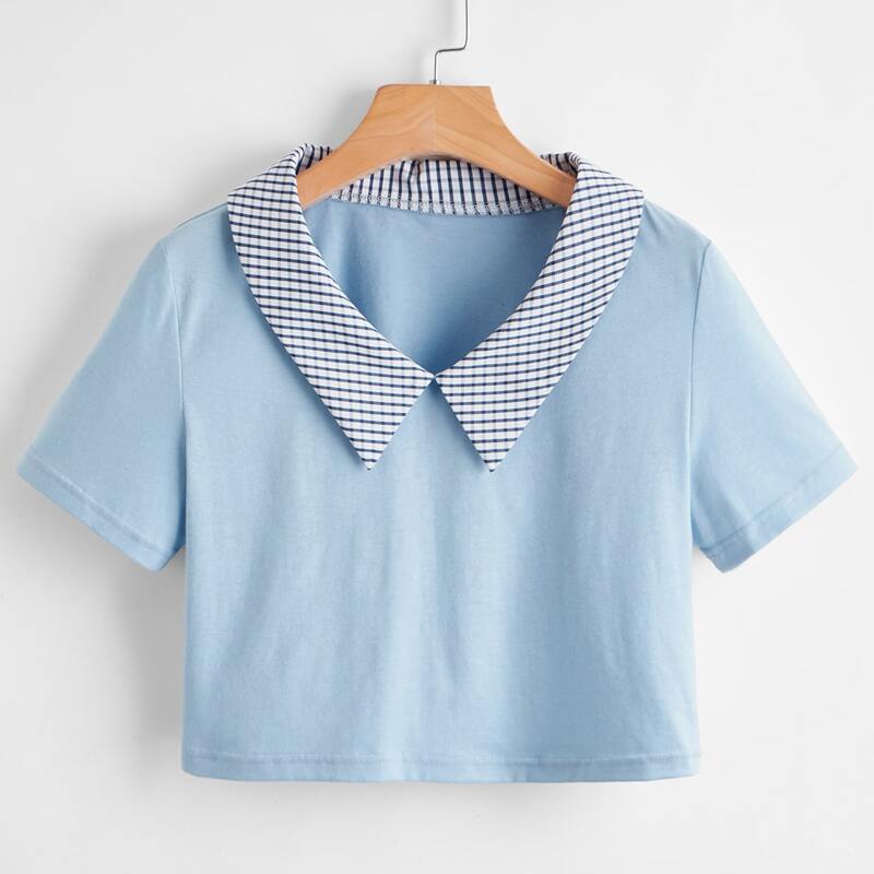 

Contrast Plaid-Collar Crop Tee, Baby blue