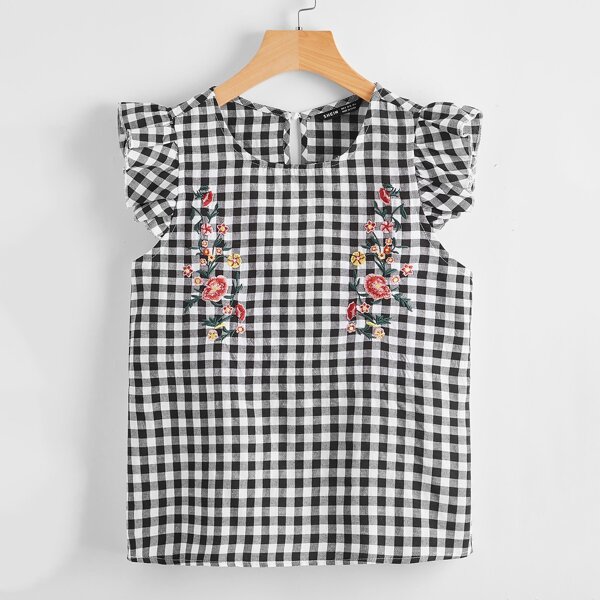 

Ruffle Armhole Embroidery Detail Gingham Blouse, Black and white