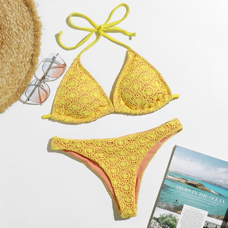 

Contrast Lace Halter Bikini Swimsuit, Yellow