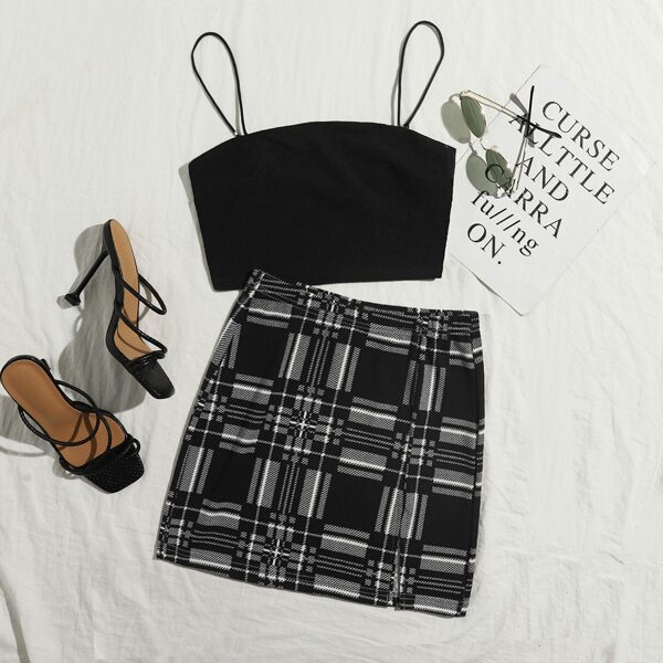 Solid Crop Cami Top & Split Hem Plaid Skirt Set, Black