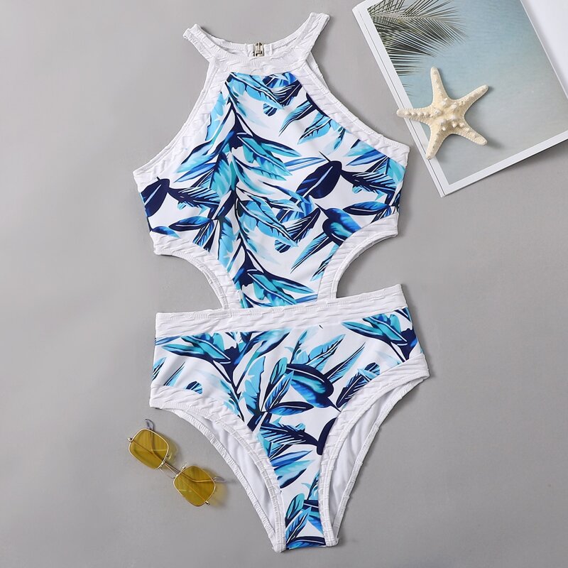 

Leaf Print Cut-out One Piece Swimsuit, Multicolor