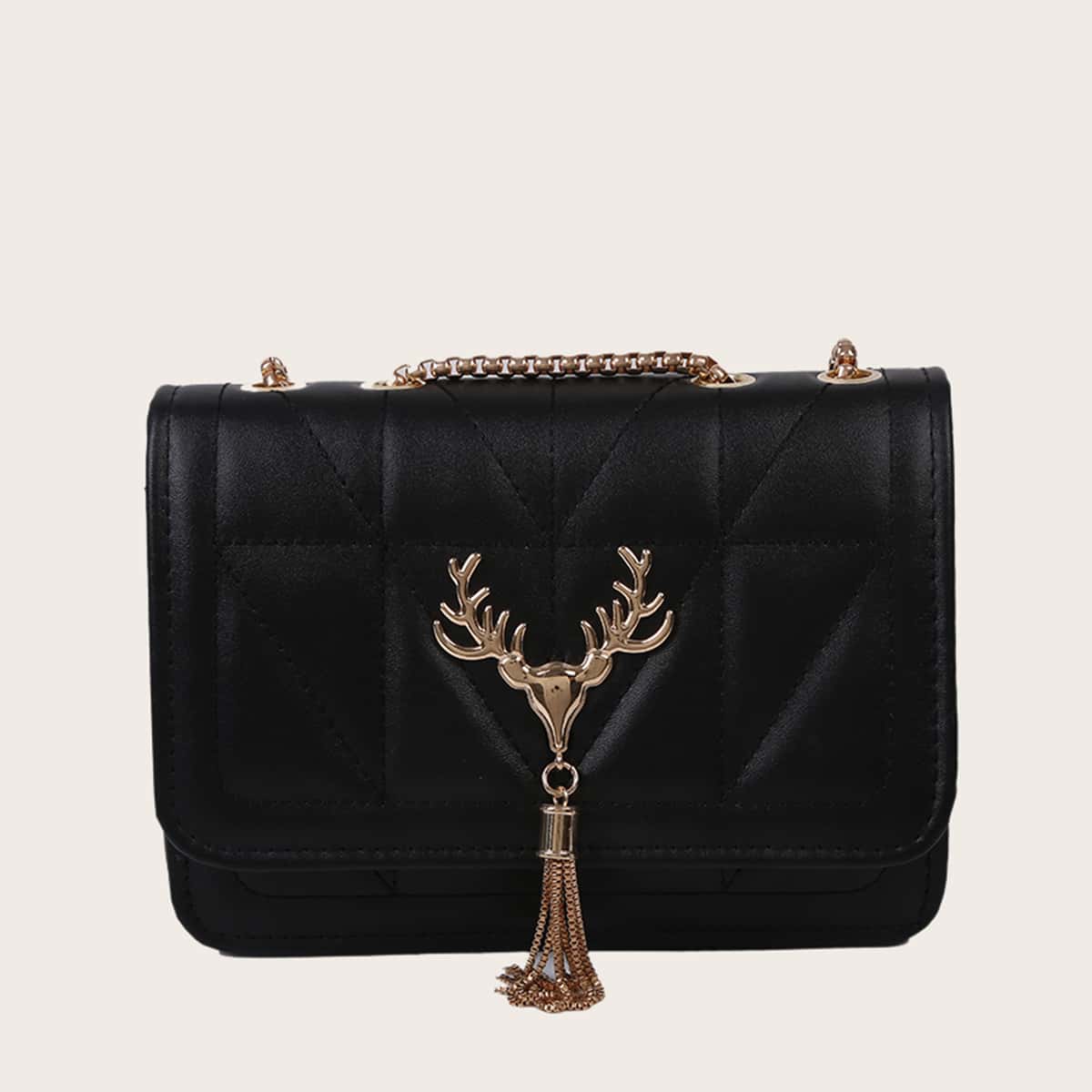 

Tassel Detail Quilted Chain Bag, Black