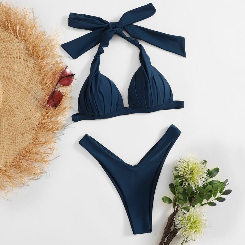

Ruched High Leg Bikini Swimsuit, Navy blue
