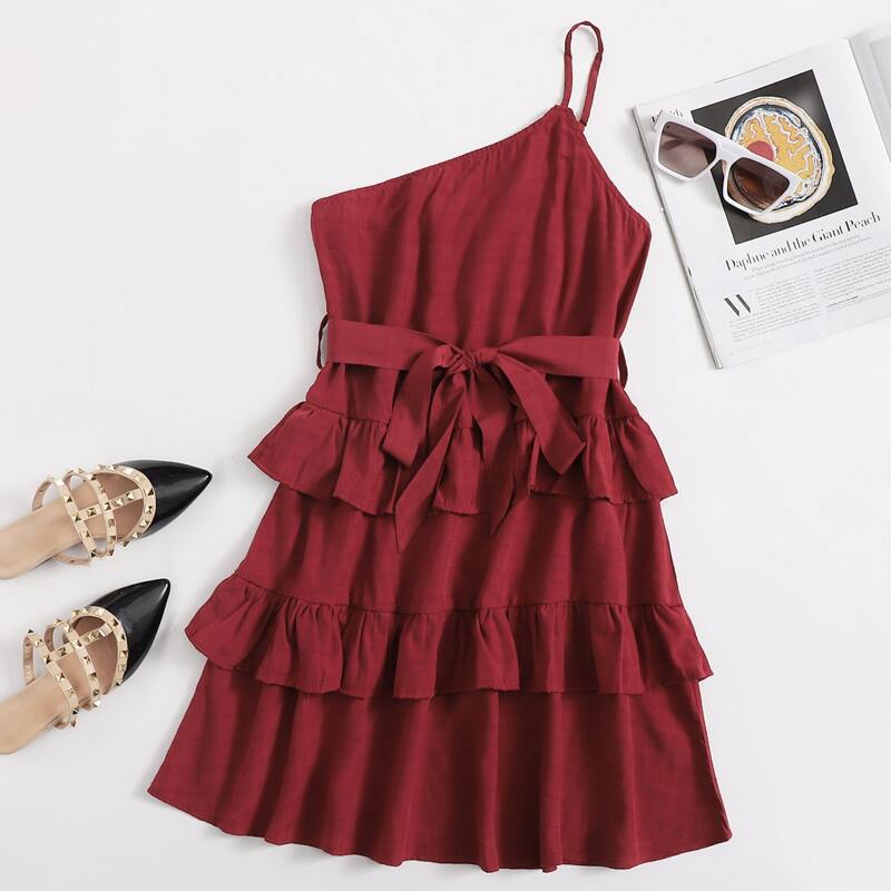 

One Shoulder Ruffle Trim Belted Dress, Burgundy