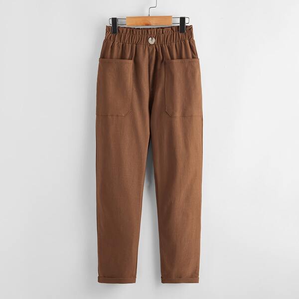 

Girls Paperbag Waist Patch Pocket Pants, Mocha brown