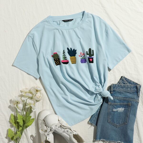 

Potted Plant Print Tee, Baby blue