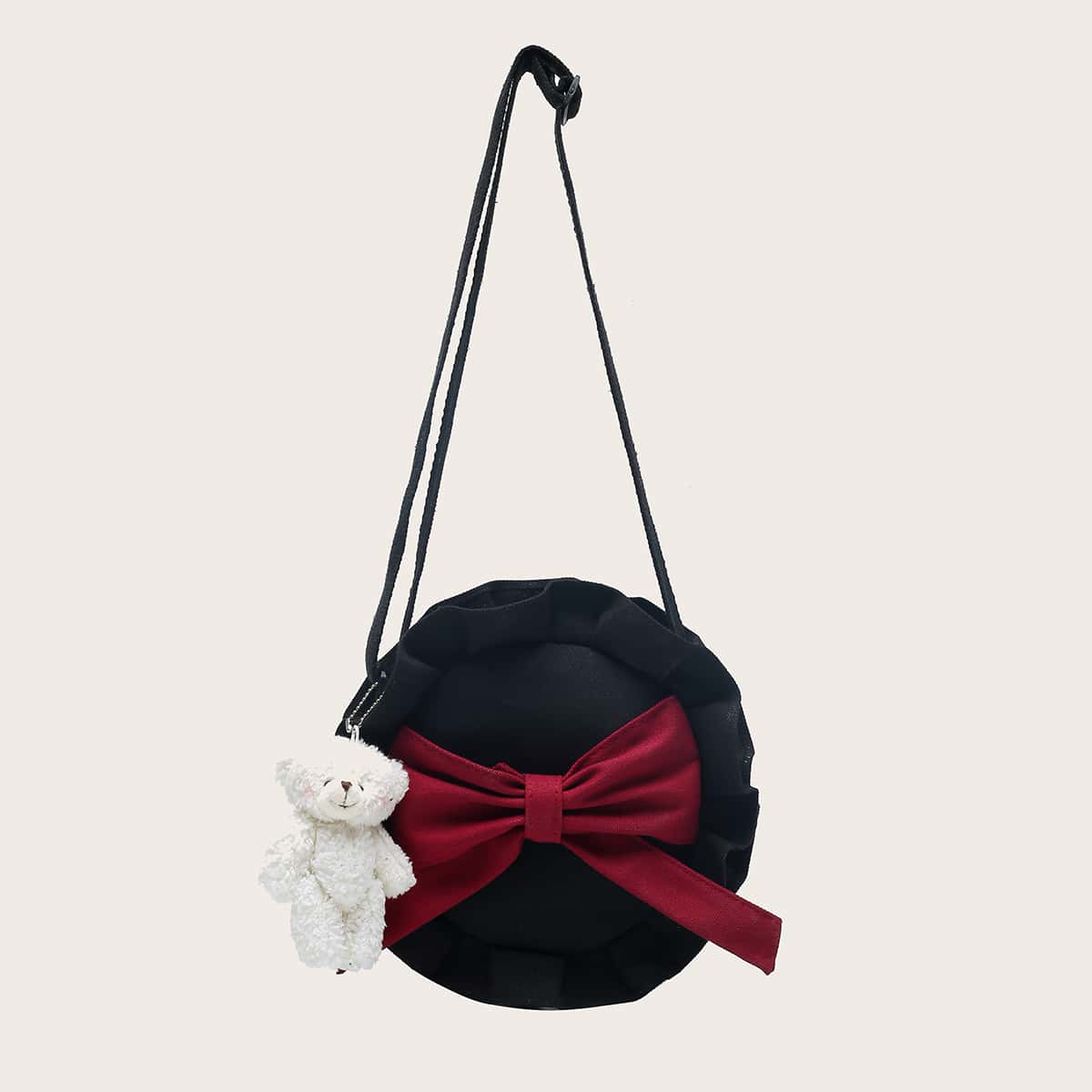 

Contrast Bow Ruffle Round Canvas Bag, Black